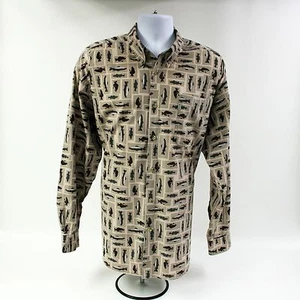 Columbia Brown Beige Fish Print Cotton Casual Shirt XXL Cotton Long Sleeve Party - Picture 1 of 9