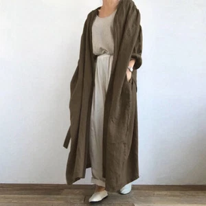 New Women's Shirt Coat Cotton Linen Long Trench Ladies Loose Pocket Cardigan - Picture 1 of 14