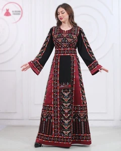 Palestinian Women Embroidered Thobe Dress Tatreez Wide Sleeves with Scarf Veil - Picture 1 of 15