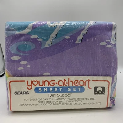 VTG Sears Young At Heart Purple Unicorn Twin-Size Sheet Set NOS Made in USA - Image 1 of 4