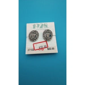 1928 Oval Silver Tone Heart Flower Marcasite Clip On Earrings - Picture 1 of 6