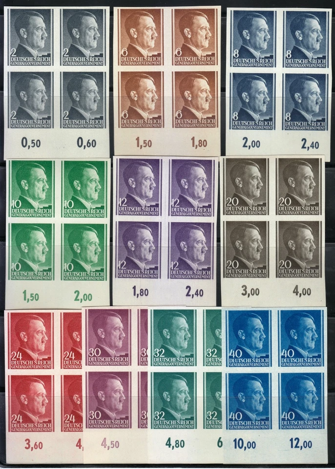 Poland WW2 1941-1942 Mi Blocks 71U-75U, 77U-81U Adolf Hitler, imperforated ** - Image 1 of 4