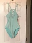 Womens Large Ice Blue Swim Suit Bathing Suit Criss Cross In Front Ties Back Nwt