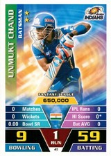 ✺New✺ 2016 2017 MUMBAI INDIANS IPL Cricket Card UNMUKT CHAND Topps Attax