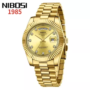 NIBOSI NI2627 Mens Gold Diamond Dial Classic Quartz Day Date Datejust wristwatch - Picture 1 of 7