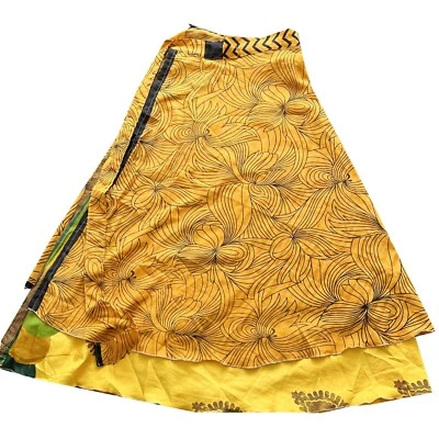 Women's Reversible Long Wrap Skirt Yellow Floral Printed Summer Beach Cover Up - Image 1 of 2