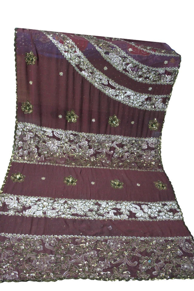 INDIAN PAKISTANI BROWN VINTAGE GEORGETTE VELVET FLORAL CUT WORK, SEQUIN SARI  - Image 1 of 4