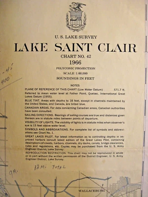 Carta náutica Lake St. Clair 1966 Cuerpo de Ingenieros del Ejército de Estados Unidos Foto 1 de 4