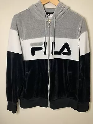 Fila Velour Black/Gray/White Stripe Full Zip Track Hoodie Jacket Fleece Large • 24€