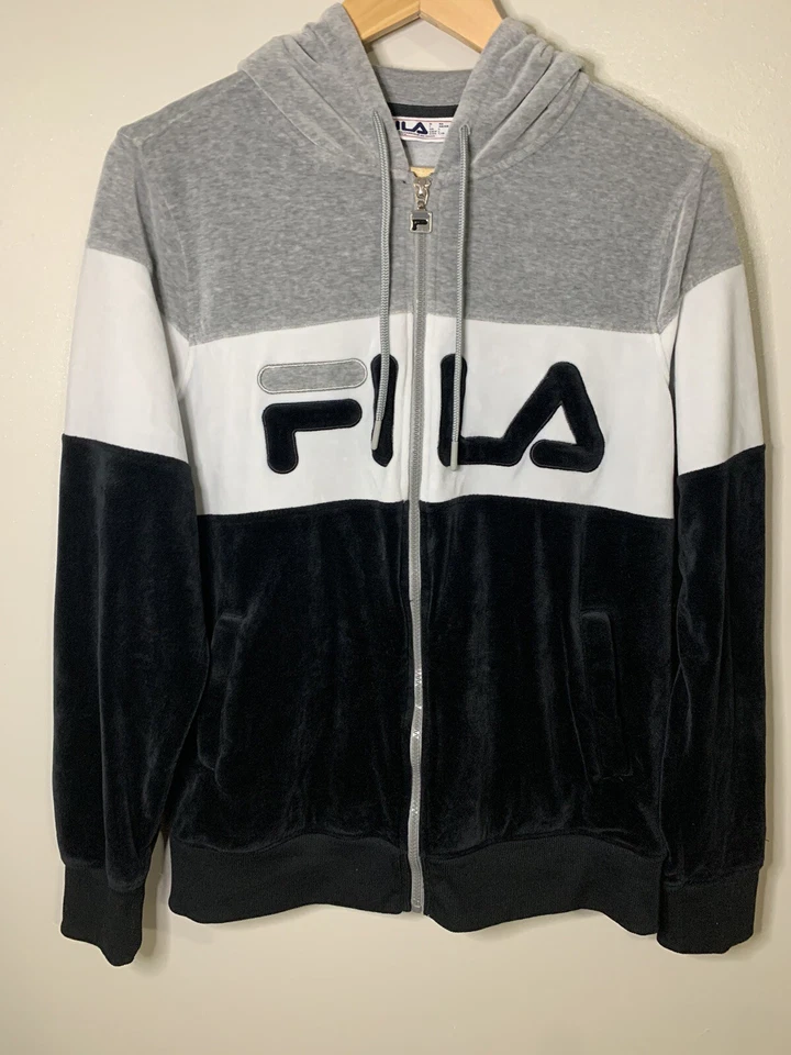 Fila Velour Black/Gray/White Stripe Full Zip Track Hoodie Jacket Fleece Large - Image 1 of 4