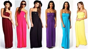 Women's Casual Sheering Beach Long Bandeau Shirred Summer Plus Size Maxi Dress - Picture 1 of 19