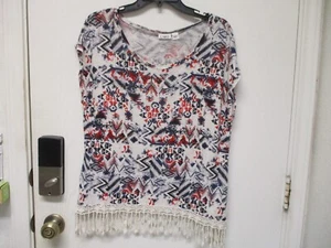 Cato Size L Red, White, & Blue, Fringed Aztec Tank Top - Picture 1 of 2