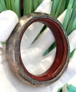 OOAK Antique Nepal Sterling Silver Red Copal Resin Smooth Cuff Bangle Bracelet - Picture 1 of 14