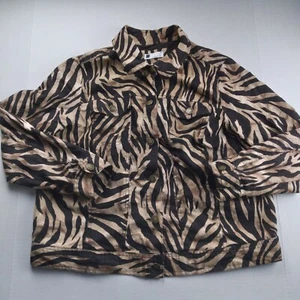 Carole Little Womens Linen Jacket Size 1X Black & Tan Animal Print Button Front - Picture 1 of 5