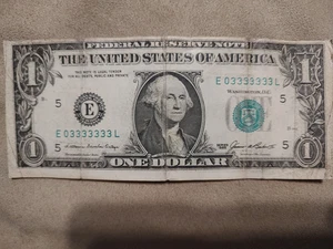 1985 $1 DOLLAR BILL SEVEN IN A ROW 3'S 7 OF KIND FANCY SERIAL NUMBER E03333333L - Picture 1 of 6