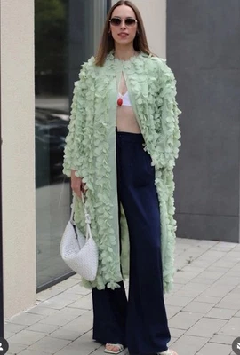 Zara Textured Floral Petal Coat Mint Pastel Green Size L 3920/282 New - Image 1 of 4