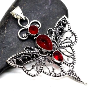 925 Sterling Silver Red Garnet Gemstone Jewelry Handmade Butterfly Pendant - Picture 1 of 2
