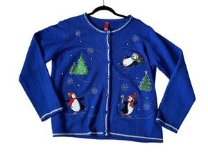 Markenlose blaue Weihnachts Strickjacke Pullover Pinguin Baum Design Gr. XL süß - Bild 1 von 5