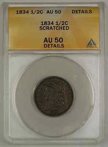 1834 Classic Head Half Cent Coin ANACS Scratched AU-50 Details - Picture 1 of 2