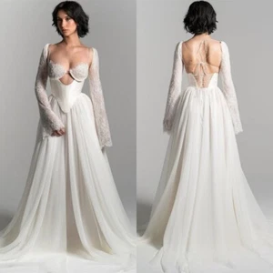 Abiti da sposa di lusso A-Line maniche lunghe senza schienale applicazioni in pizzo abiti da sposa - Foto 1 di 7