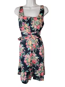 Angie Size Large Black Floral Midi Belted Tie Dress Red Green Boho 100% Cotton - Picture 1 of 6