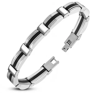 L-22cm W-9mm | Stainless Steel W/ Black Rubber 2-Tone Panther Link Bracelet - Picture 1 of 1