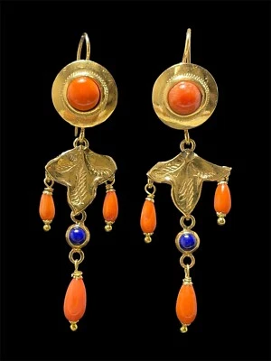 Orecchini in Art déco con Corallo Sciacca e onice - Immagine 1 di 4