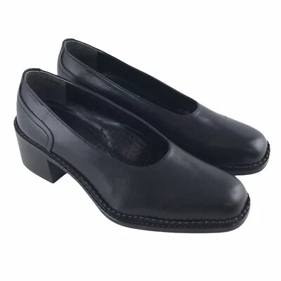 Issey Miyake Japanese Women's Black Leather Square Toe Heeled Pumps Sz 22.5 5.5 - Image 1 of 4