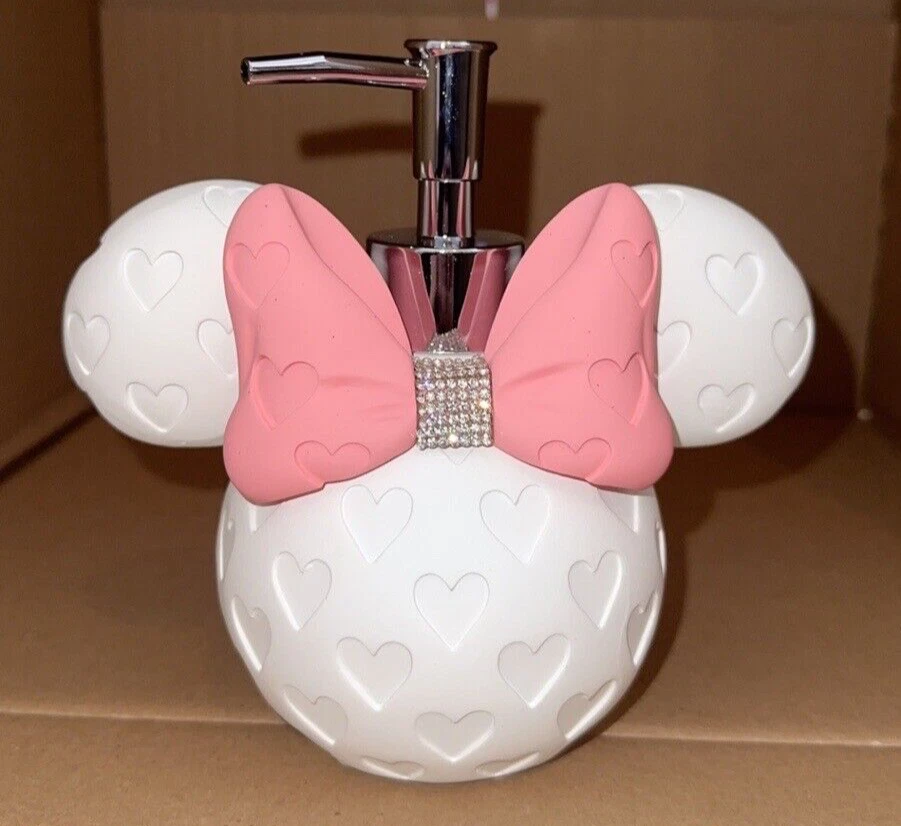 BOMBA DISPENSADORA DE JABÓN DISNEY MINNIE MOUSE CABEZA BLANCO ESTRÁS ROSA ARCO Nueva Foto 1 de 1