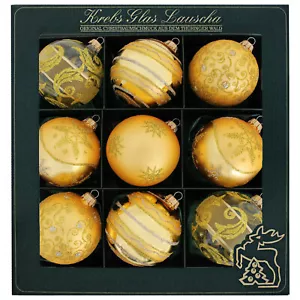 Krebs Glas Lauscha Weihnachtskugeln Gold mit Ornamenten 9 Stück/Set, Ø 8 cm - Bild 1 von 2