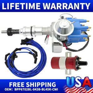 FOR FORD 289 302 BLUE Small Cap HEI Distributor +Coil+UNIVERSAL SPARK PLUG WIRES - Picture 1 of 9