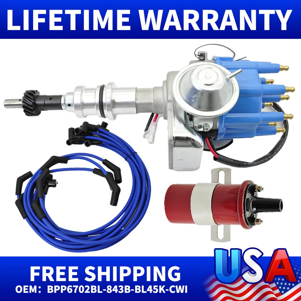 FOR FORD 289 302 BLUE Small Cap HEI Distributor +Coil+UNIVERSAL SPARK PLUG WIRES - Image 1 of 4
