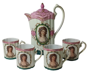 Vintage Royal Vienna Chocolate Pot with Four Cups Set Victorian Woman Pink Tea - Picture 1 of 24