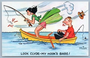  Postcard Comical Fishing Boat Cute Women My Hook's Are Bare #C8 - Picture 1 of 2
