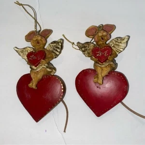 Set of 2 Vintage Kurt Adler Mouse Mice Red Heart Ornaments Love - Picture 1 of 5