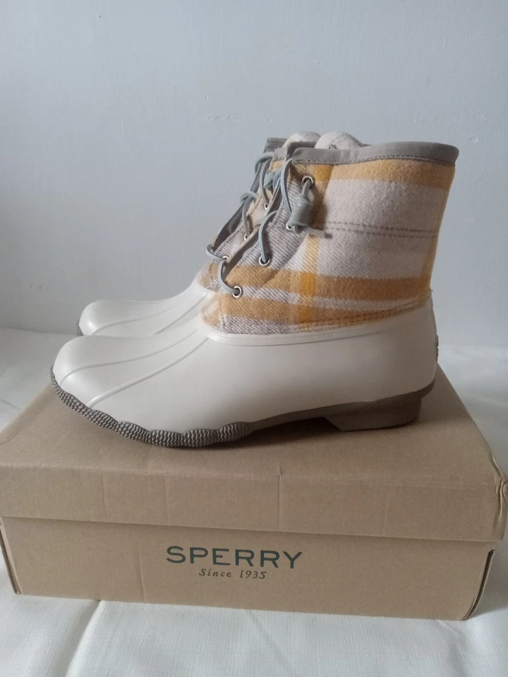 Sperry Salt Water Women Duck Boots Size 9.5 Us/ 40.5 Eu Waterproof Plaid Ivory