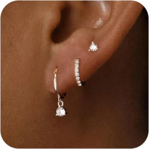 3 Pairs Dainty Hoop Earrings for Women 14K Gold/Silver Plated Hoop Earrings Set - Picture 1 of 12