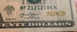 $ 20 Dollar Schein im Umlauf 2013 ausgefallen SPASS Seriennummernrepeater MF 21 21 21 21 86 - Bild 1 von 3