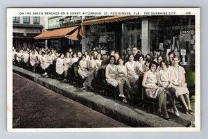 St Petersburg FL-Florida, On the Green Benches on Sunny Day, Vintage Postcard - Picture 1 of 2