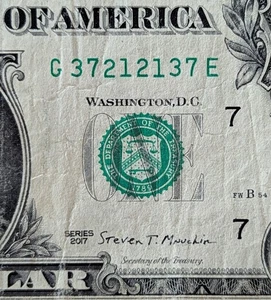 2017 $1 bill fancy serial, two digit radar or repeater. G 37212137 E - Picture 1 of 3