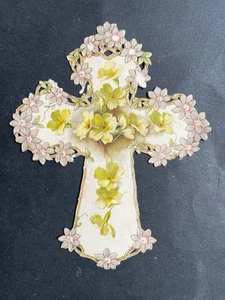 VICTORIAN RELIGIOUS CARD FLOWERS CROSS RELIGIOUS DIECUT .. - Picture 1 of 2