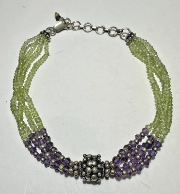 Vintage Silber Lavendel Amethyst Grün Peridot Perlen Stränge Armband - Bild 1 von 4
