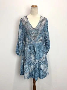 Gems Womens Dress 8 Blue Floral Embellished Puff Sleeve Maxi Coastal Boho Gypsy - Picture 1 of 13