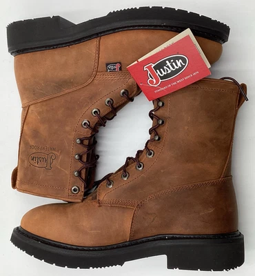 Bota Justin Livestock Para Hombre 8" Cuero Impermeable Suave Sin Puntera de Seguridad Talla 10 D Foto 1 de 4