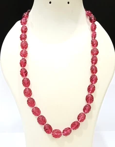 Pink Tourmaline Necklace, Oval Carved Beads, Hand Knotted, Statement Necklace - Picture 1 of 5