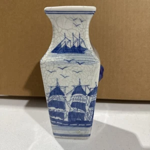 Seymour Mann Delft Style Vase 1998 MCMXCVIII Blue White Porcelain Sailing Ships - Picture 1 of 5