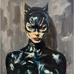 Original Impasto Catwoman Bust Portrait Comic Painting Wall Art on Canvas 18" - Picture 1 of 2