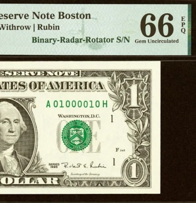 1995 $1 Federal Reserve Note PMG 66EPQ gen binary-radar-rotator serial 01000010 - Image 1 of 3