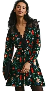 Anthropologie Spitze V vorne/hinten schwarz Blumen Spitze Empire Taille Minikleid 16 Neu mit Etikett - Bild 1 von 15