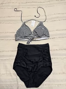 COCOSHIP Retro Ruched Ruffle High Waist 2 Piece Bikini Set Stripped Top Size 16 - Picture 1 of 4